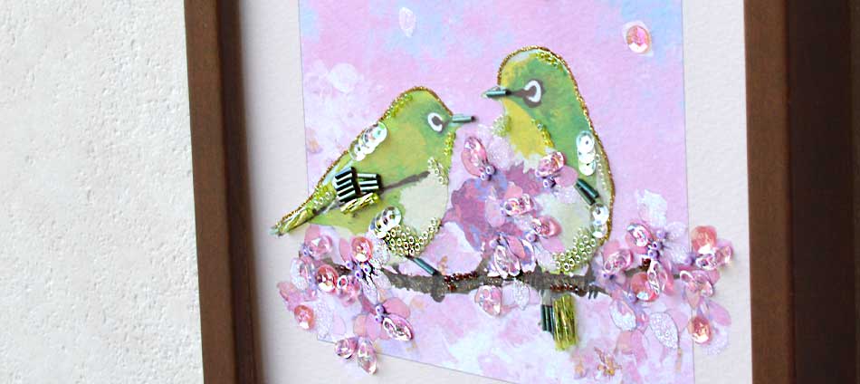 小鳥と日本の四季 ビーズデコール<メジロと桜>